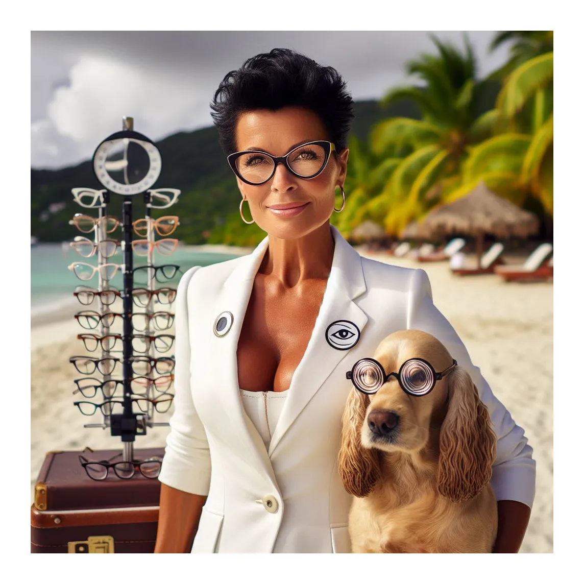 Opticienne à domicile accompagnée de son chien et de lunettes sur la plage